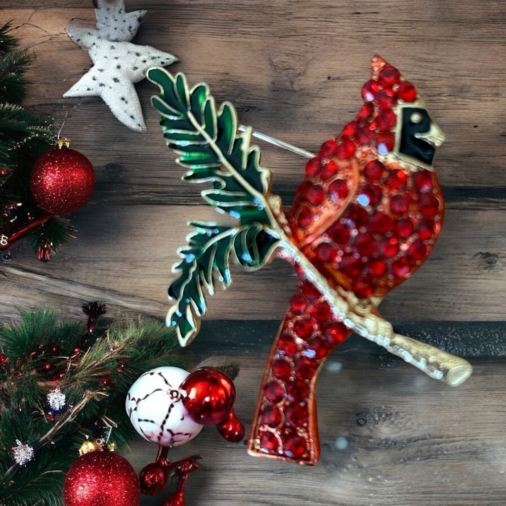 Cardinal Bird On  Leaf Branch Brooch Jewelry Pin